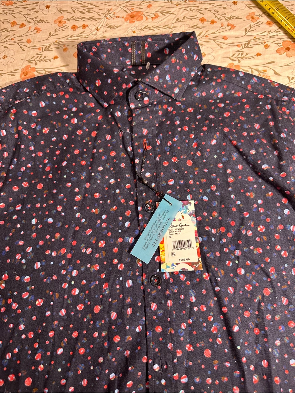 Robert Graham Wovens Navy Button-Up Shirt with Red & Blue Dot Motif NWT $198